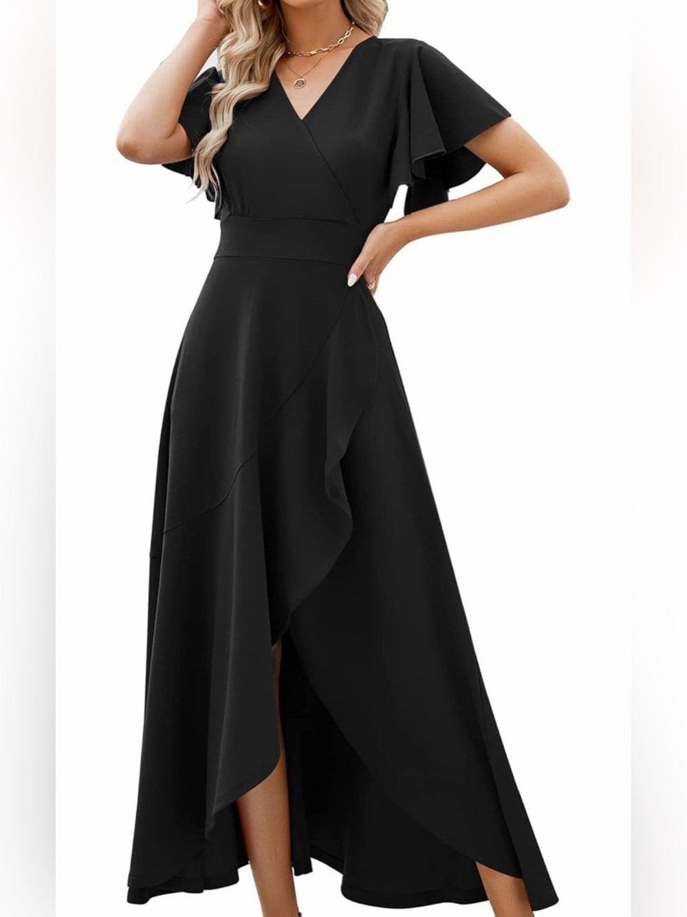 Elegant Black High-Low Wrap Dress with Flutter Sleeves